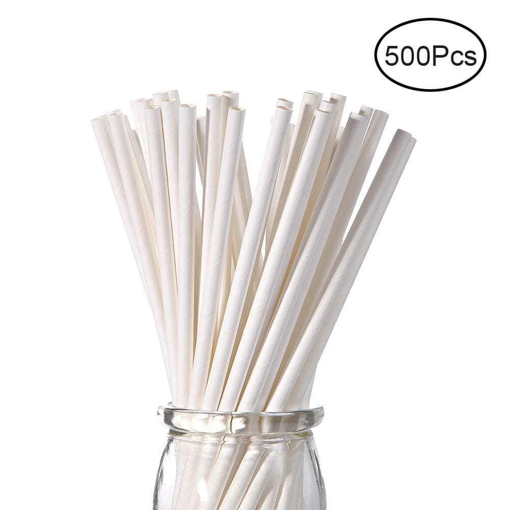 White Paper Straws, 500 Pcs, Plasticless 100% Biodegradable Drinking Straws, Food-Safe 7 3/4 inches Long