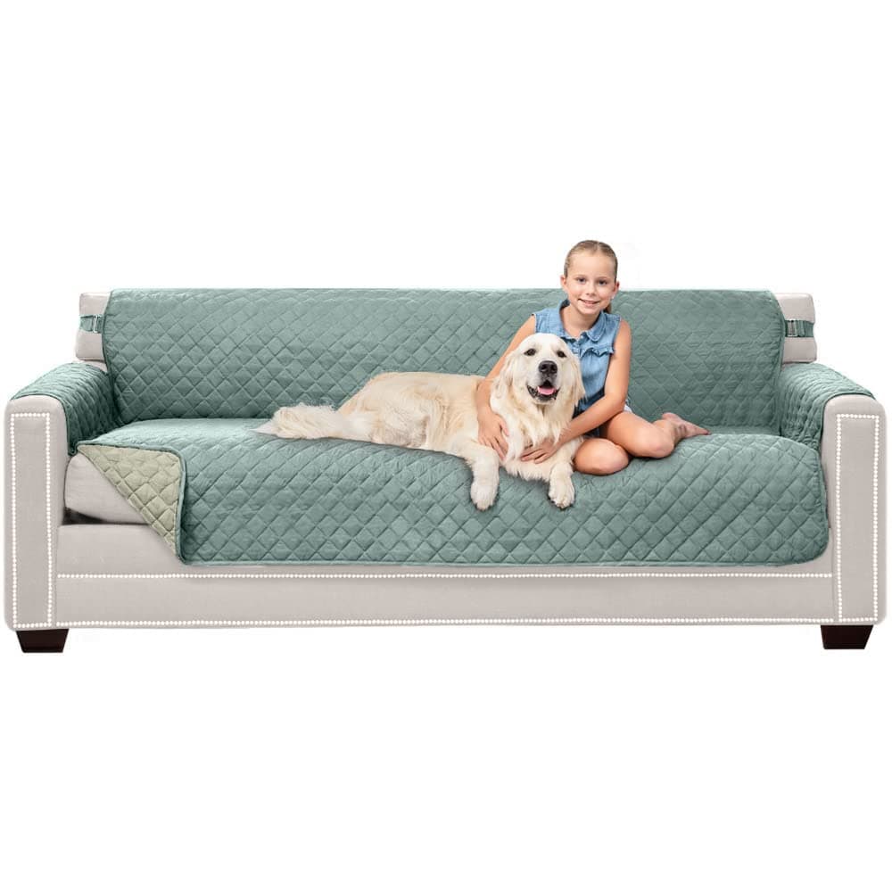 Sofa Shield Couch Slip Cover with Patented Strap, Cushion Protector, Reversible Stain and Dog Tear Resistant Slipcover, Quilted Microfiber 78in Seat, Washable Covers for Dogs Pets Kids, Seafoam Cream