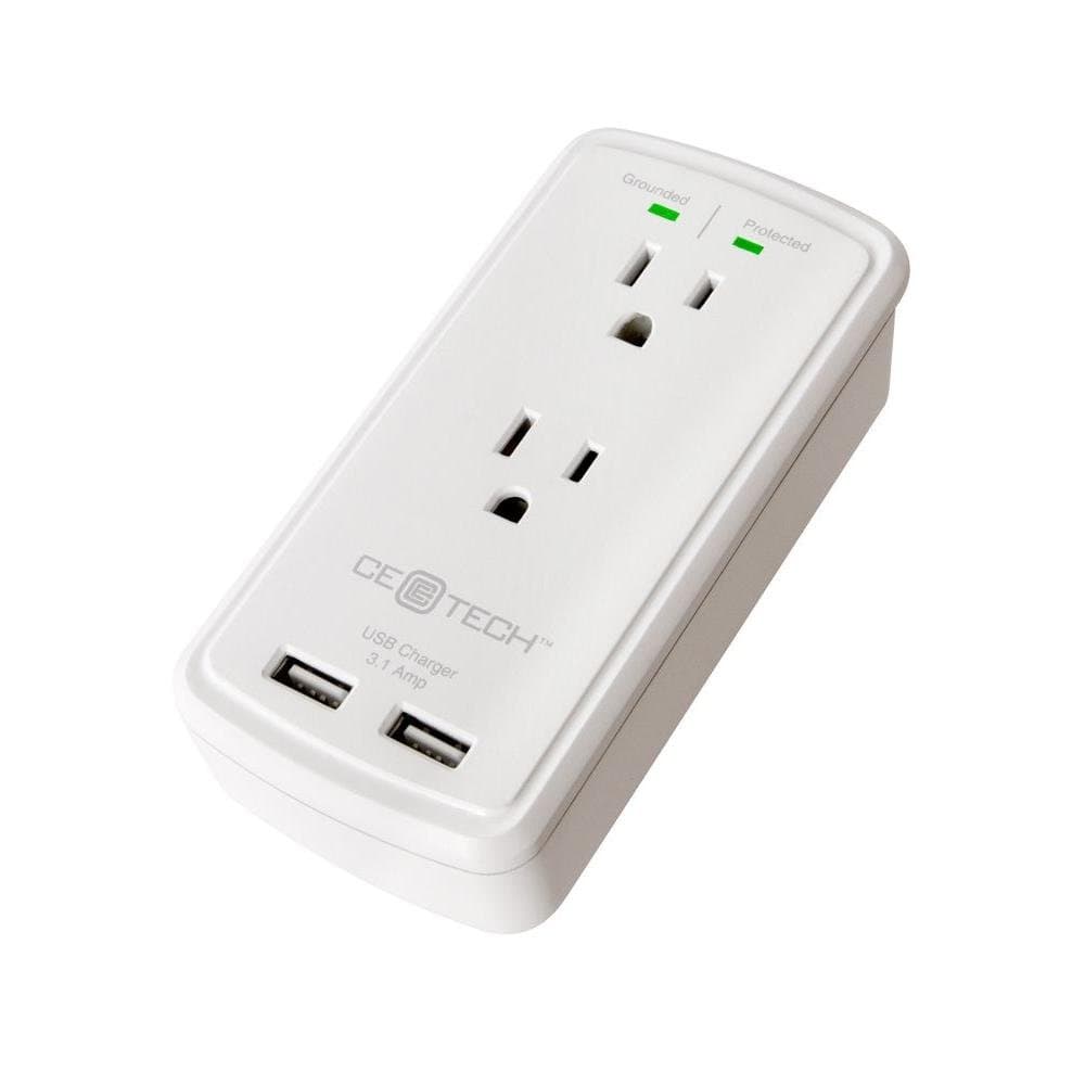 CE TECH 2 Outlet USB Wall Tap Surge Protector White with Grounded Protection