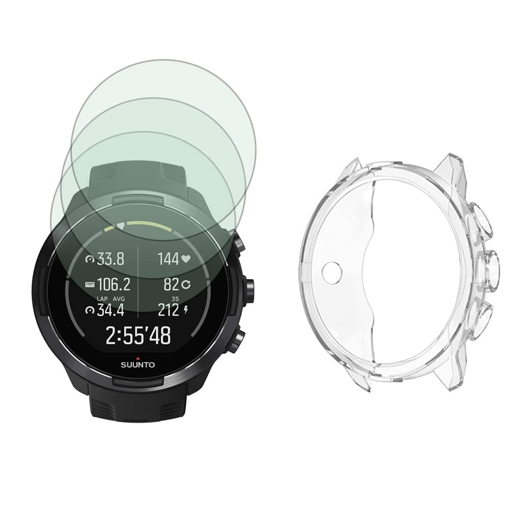 Watch Screen Protector (3+1Pack) Compatible for Suunto 9 Baro 50mm, Tempered Glass Film Anti-Scratch High Definition Full Coverage and Soft TPU Protective Case, Transparent