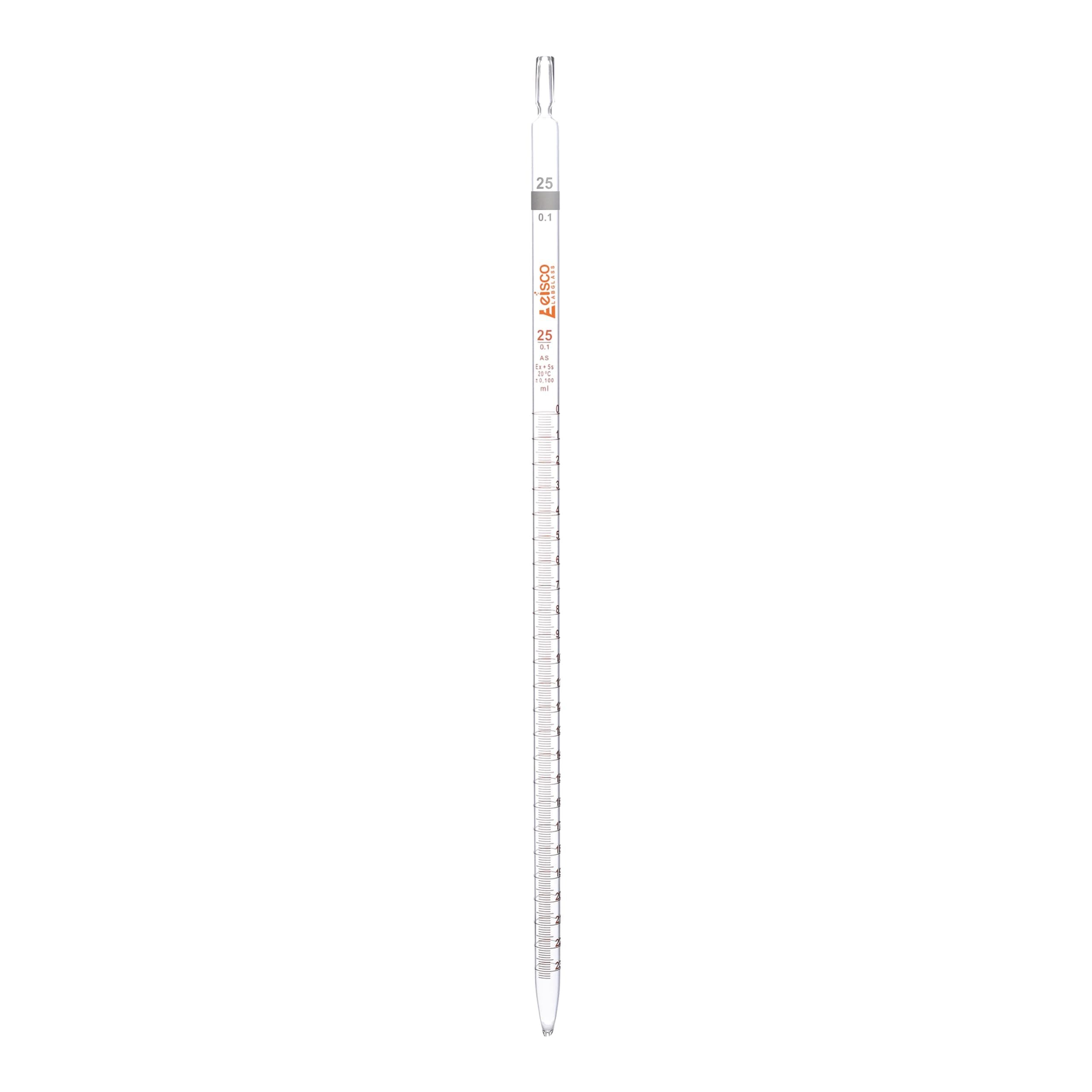 EISCO Pipette, 25ml - Class AS, Tolerance ±0.100ml - Amber Graduation - Color Code, White - Borosilicate Glass