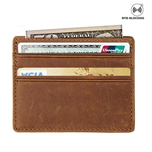 RFID Blocking Genuine Leather Front/Back Pocket Slim Wallet ,Credit Card Case,Money Clip (Brown)