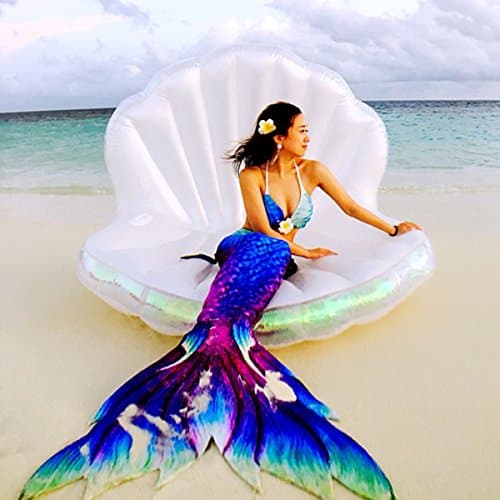 New Swimming Pool Giant Shell Inflatable Float , Mermaid Sea Shell Pool Raft Mattress, Pearl Scallops Floating, 67 x 47 x 47 inches - White ( Iridescent Edges)