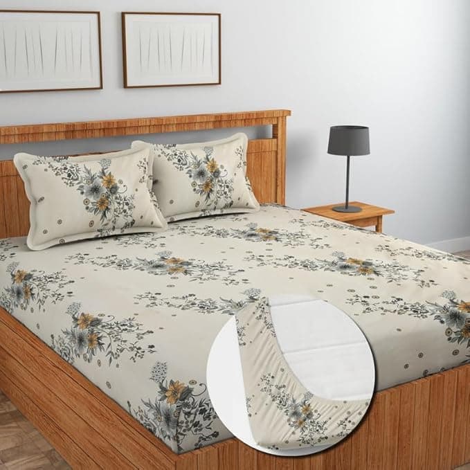 Premium Cotton Elastic Fitted Bedsheets with 2 King Size Pillow Covers | Double Bed with All Around Elastic 220 TC Supersoft |Size-72 King Sizex78+10 inches | Floral Multicolour