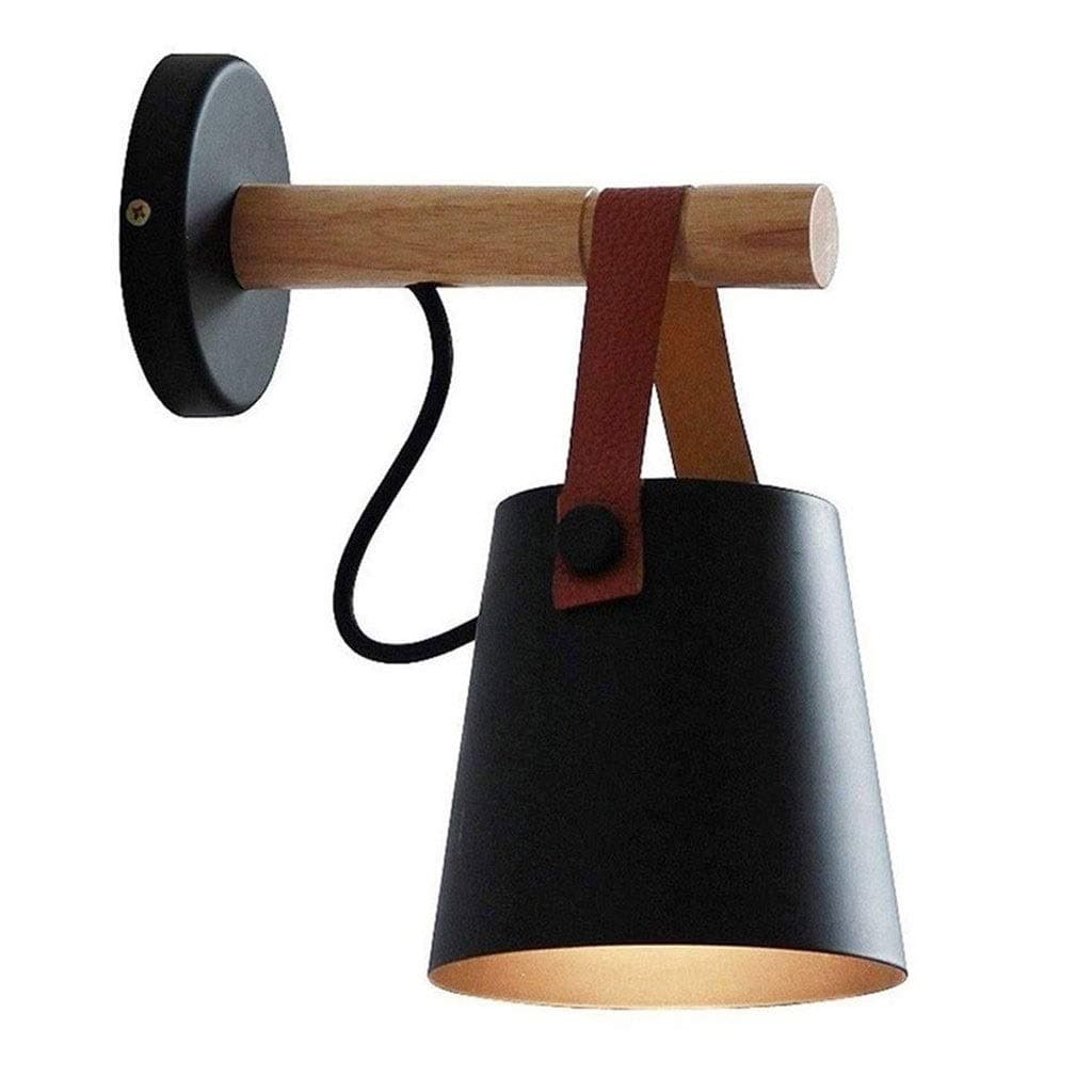 Nordic Solid Wood Wall Sconce, Modern Minimalist Led Wrought Iron Living Room Study Bedroom Wall Lamp Creative Hallway Stair Sconce (Color : Black)