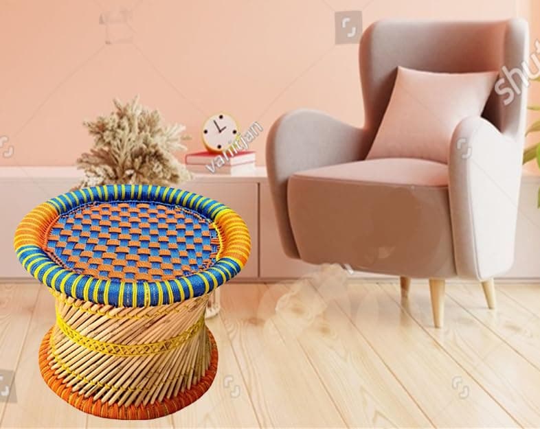 Kabir ! Pure Handmade Bamboo Cane bar mudda/mudah/mora Stool for Indoor/Outdoor Furnishings -(Multicolor) 15 * 15" Orenge-Blue 1-pees.