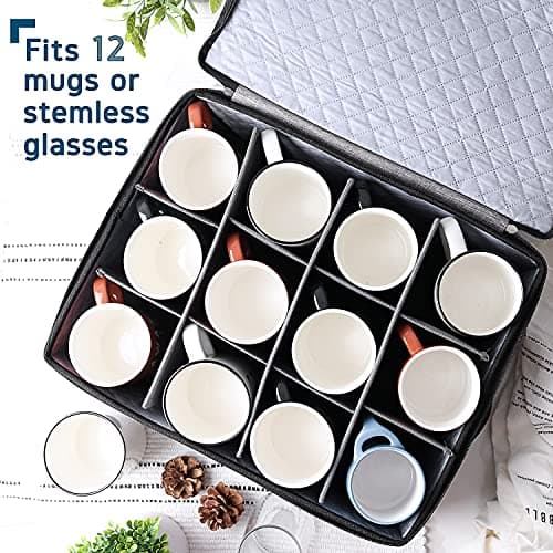 Coffee Mug Storage, 2 Pack Quilted and Stackable Coffee Cup Storage Organizer for Service of 12, Mug Storage Box with Dividers, Mug China Storage Containers Hard Shell for Moving and Seasonal Storage