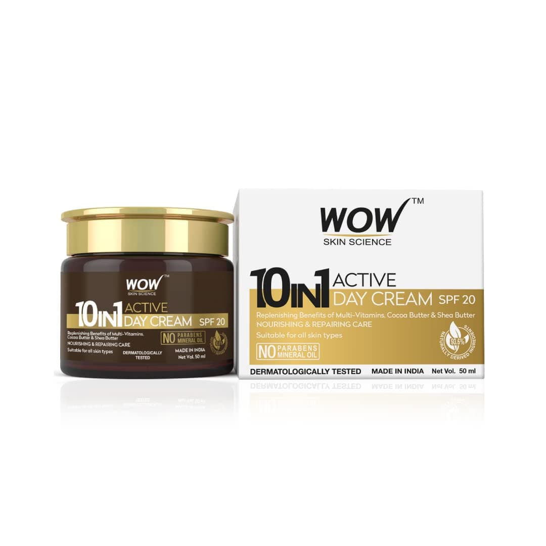 WOW 10 in 1 Active Miracle Day Cream with SPF 15 PA++ and Infused Shea & Cocoa Butter,Hydrolysed Collagen,Vitamin E, C & B5-50mL