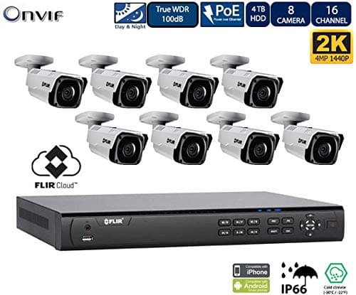 FLIR PoE Home Security Camera System with 16Ch 8 Port 4TB NVR and (8) 2K Outdoor Bullet IP Cameras, Night Vision, Vandal-Resistant, Weather Proof, Motion Detection (Without 100ft Cat5e Cable)