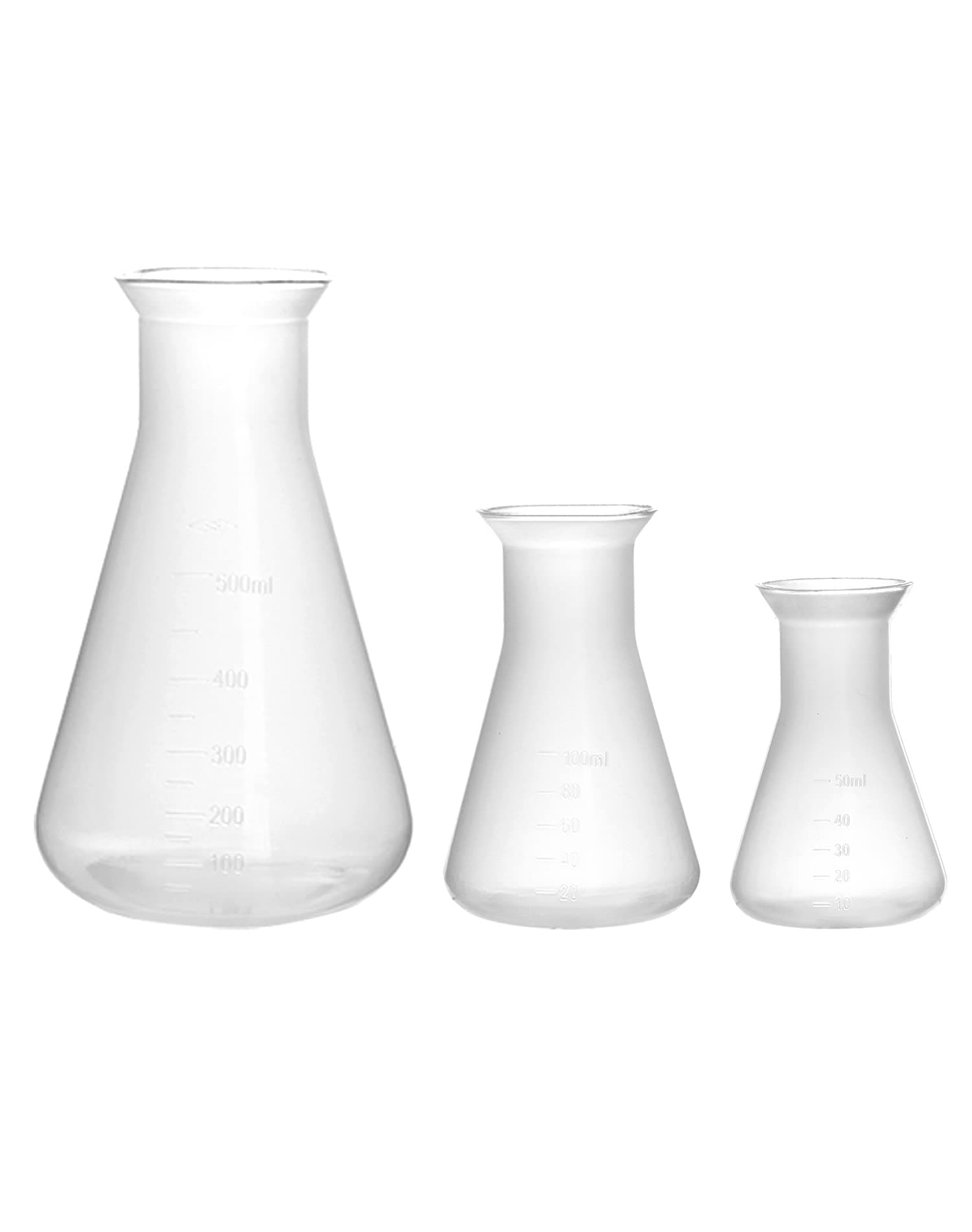 QWORK Plastic Conical Flask Set 50ml 100ml 500ml – Semi-Transparent Lab Flask for Teaching, Demonstration & Display