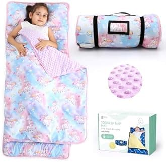 ACRABROS Toddler Nap Mat with Pillow and Blanket, Extra Large Rolled Napping Mats,Slumber Bags for Boys Girls,Kids Sleeping Bag for Daycare, Preschool Travel Camping,Colorful Unicorn