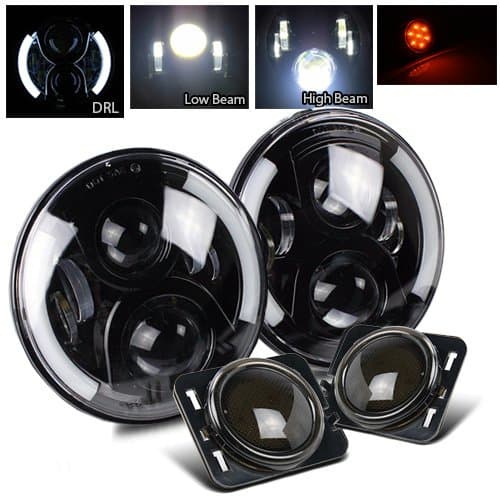 7 Inch Round CREE Black LED Projector Headlight and 3.5W 7pcs 3030 SMD Side Marker(Smoke Amber) for Jeep JK TJ LJ CJ