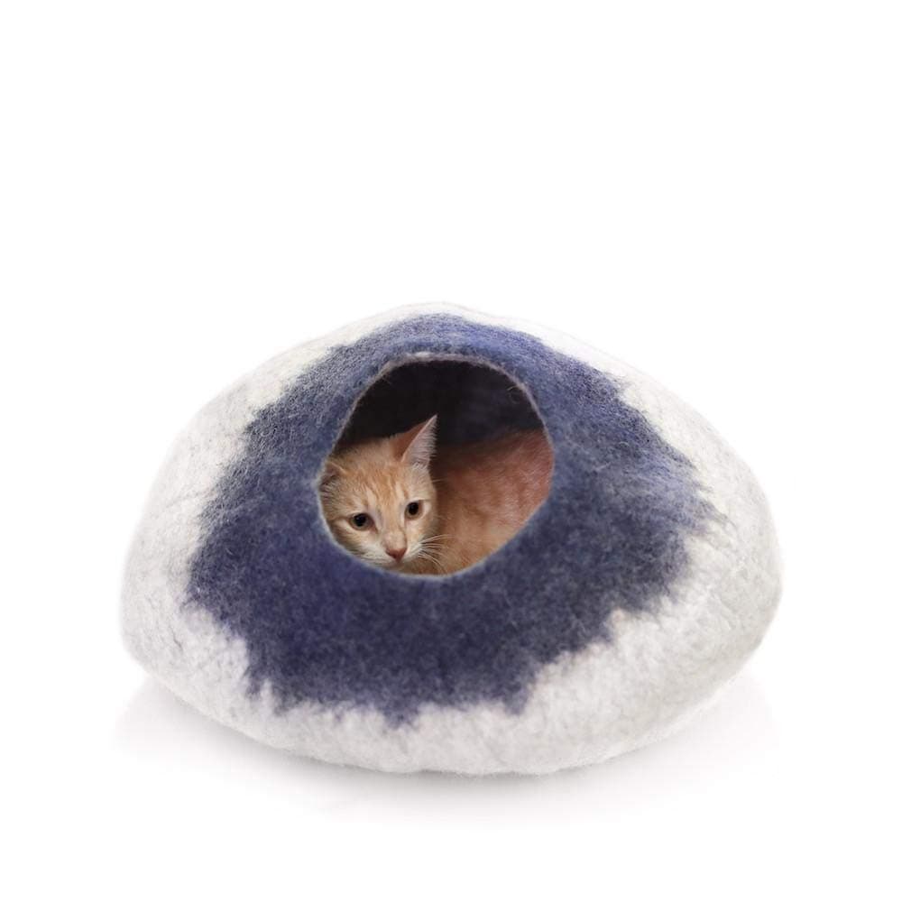 Cozy Cat Cave Bed - Handmade 100% Wool, Large (Grey/Midnight Blue)