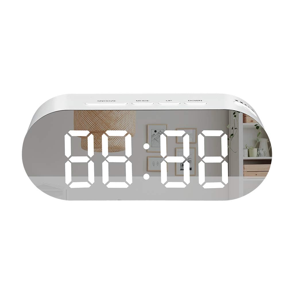 LED Digital Alarm Clock USB Desk Bedside Clock Mirror Screen Modern Numbers Design Snooze, Brightness Adjustable, White