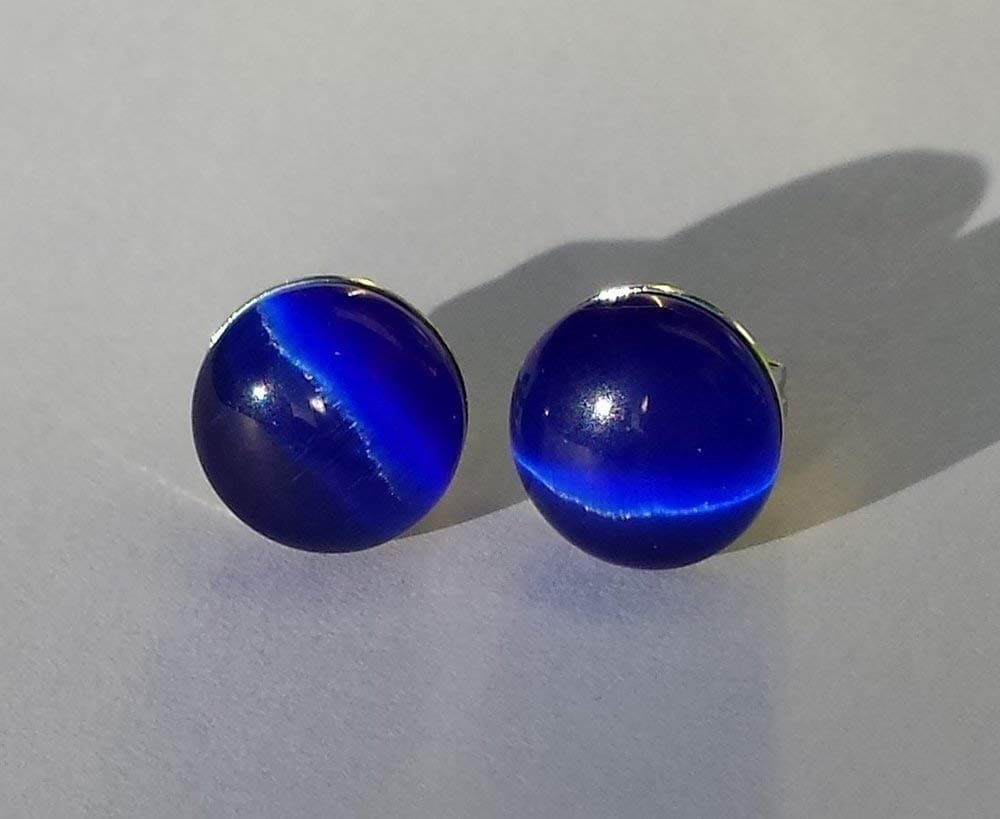 Blue cat eyes glass Silver stud earrings