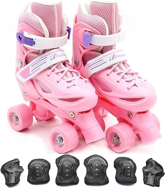 Roller Skates Adjustable Size Double Row 4 Wheel Skates Children Skates for Boys And Girls Including Protective Gear (Knee Elbow Wrist) 3 Colors 3 Sizes for Choose NO.1302