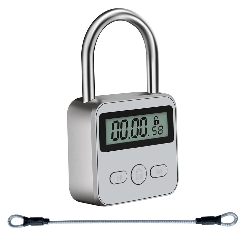 Metal Timer Lock, LCD Display Multi-Function Electronic Time, 99 Hours Max Timing, USB Rechargeable Timer Padlock(Silver)