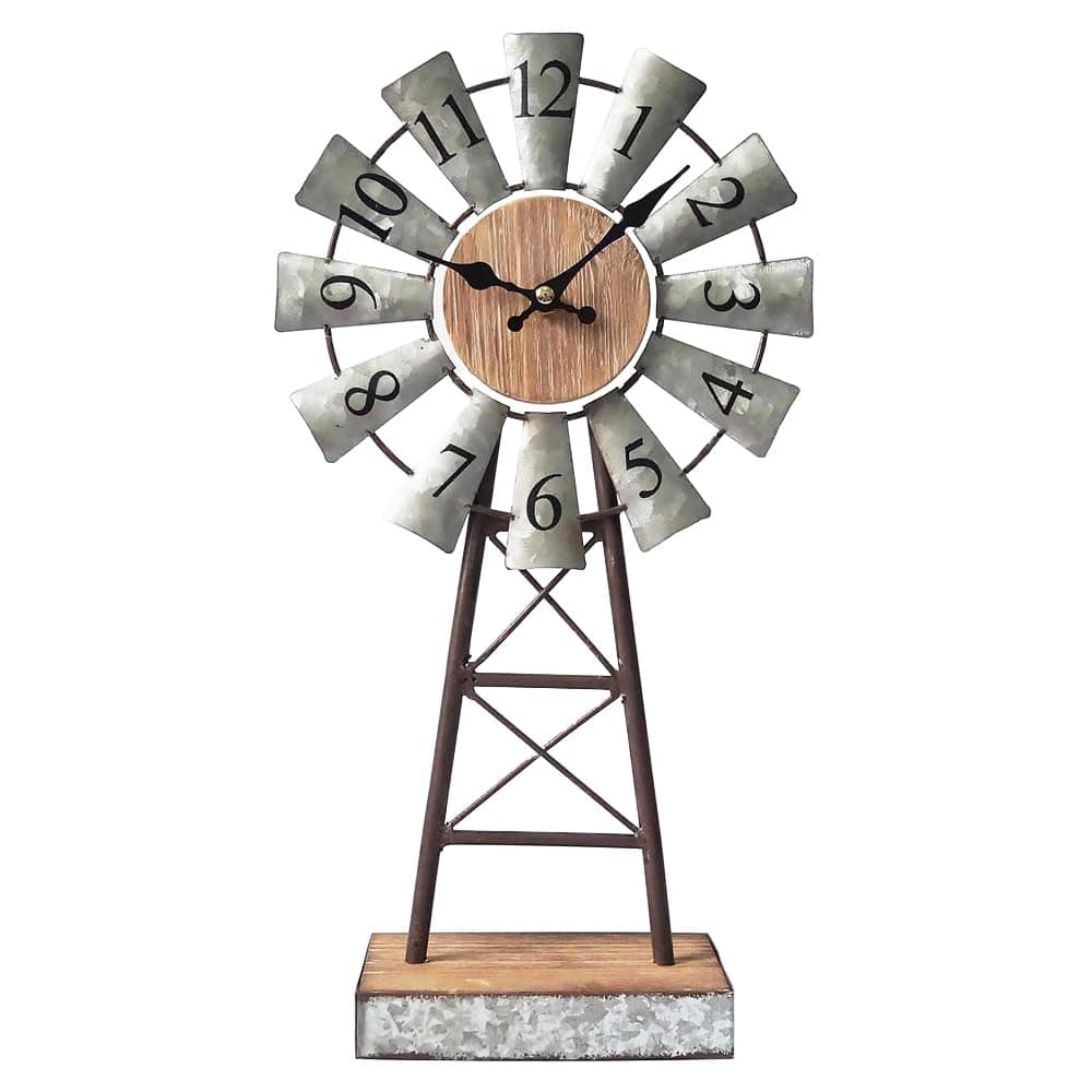 Galvanized Windmill Table Clock on Stand,Vintage Desk and Shelf Clock,Decorative Farmhouse Kitchen Clock Mantel Clock,Rustic Windmill Decor