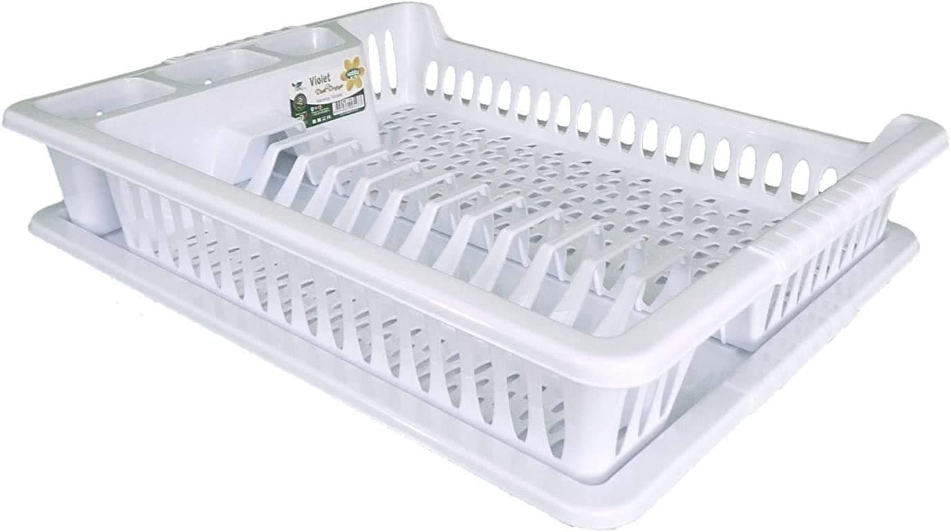 White Large Plastic Dish Drainer with Drip Tray, Plate Drying Rack and Cutlery Holder (White Plate Rack)