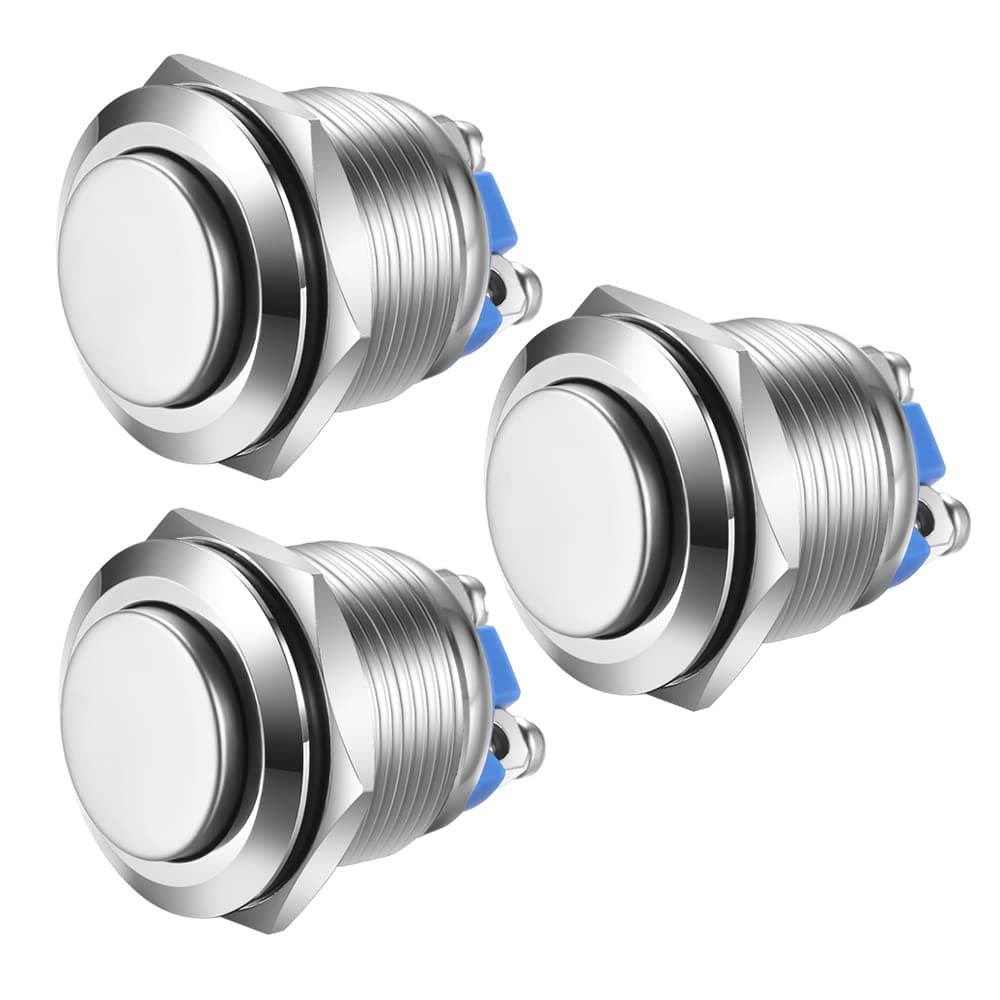 Gebildet 3pcs 19mm Momentary Push Button Screw Type Terminals Stainless Steel Metal Waterproof Button 5A 12V/24V/125V/250VAC with 2 Screw Terminals Stainless Steel(High Head)