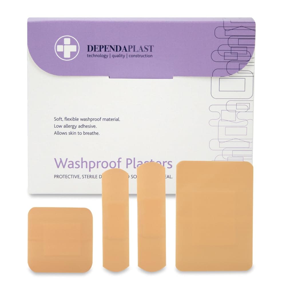 Washproof Plasters Assorted, Flexible PU Plastic Film, Secure Adhesive, Breathable, Waterproof - Box of 100