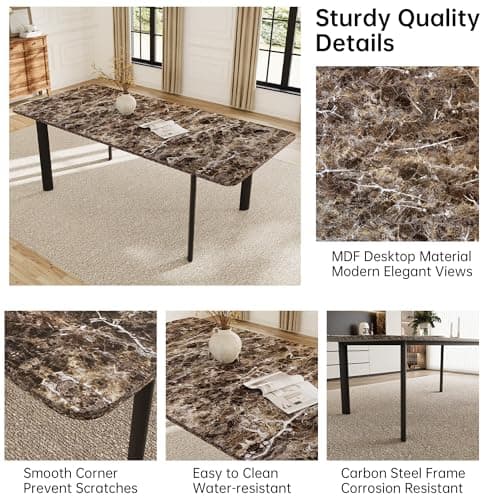 Extendable Dining Table Set for 6-8 People, 63 to 78.7 Inch MDF Kitchen Table with 6 Upholstered Chairs, Space-Saving for Dining Room, Breakfast Nook (Brown Table & 6 White U-Shaped Chairs)