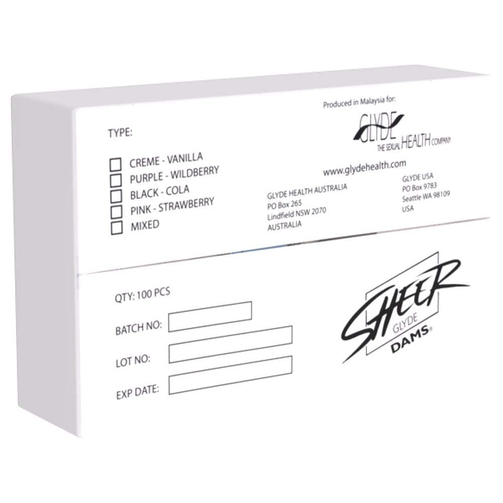 Sheer Glyde Dams Vanilla 100 Yellow Latex Sheets (Dental dams) with Vanilla Scent, Bulk Pack