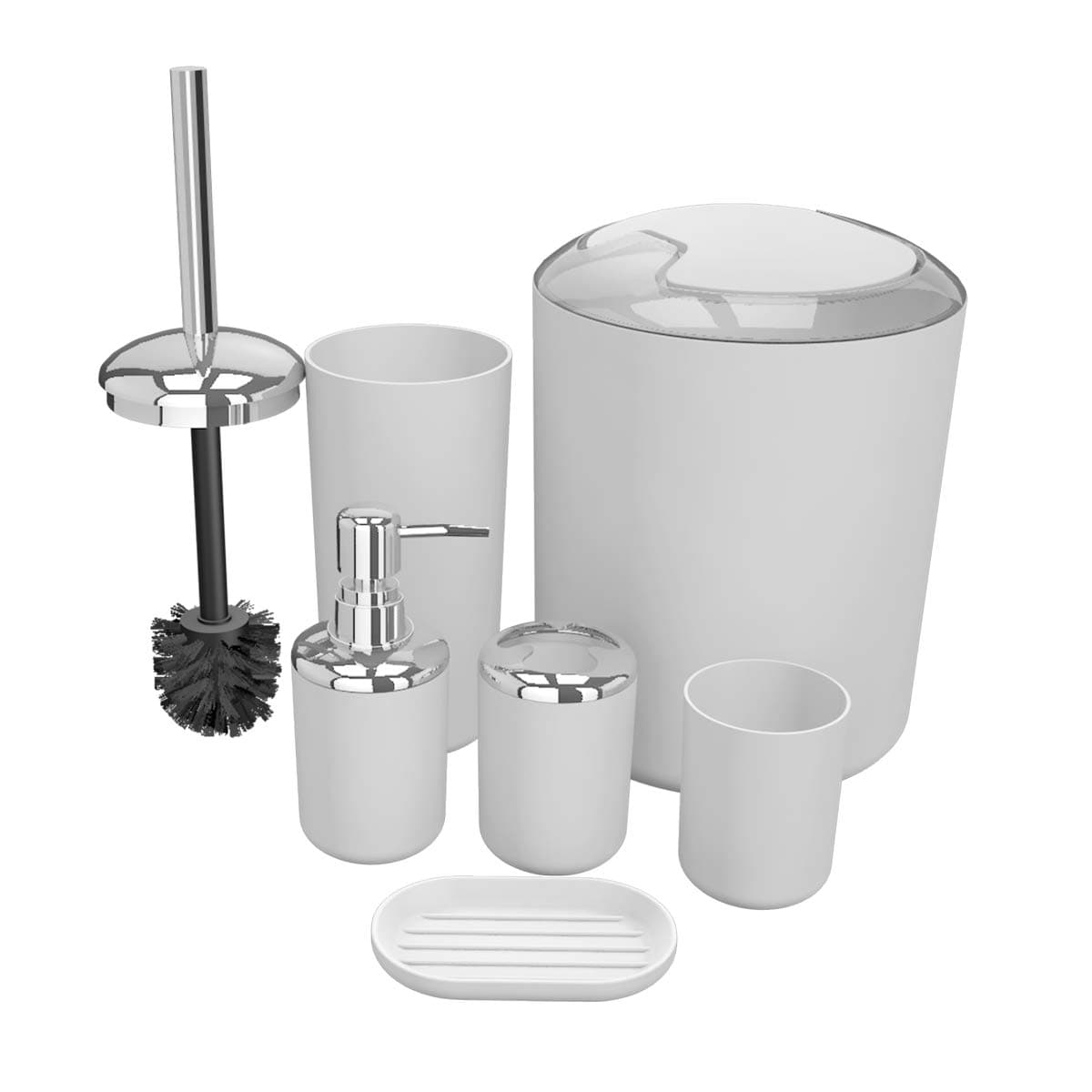 TEKITSFUN White Bathroom Accessories Set, 6 Pieces Plastic Gift Bath Accessory Set Luxury Ensemble Includes Toothbrush Holder,Toothbrush Cup,Soap Dispenser,Soap Dish,Toilet Brush Holder,Trash Can