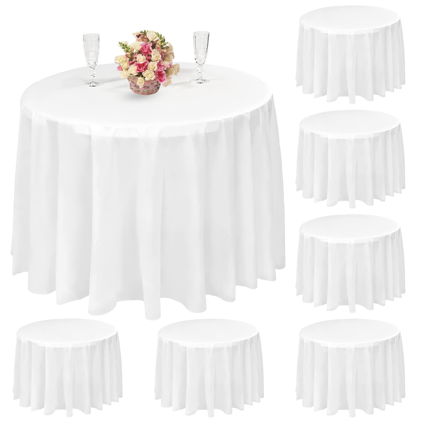 Showgeous 8 Pack Round Tablecloth, 84 inch White Disposable Table Covers PEVA Waterproof Plastic Round Tablecloths for Wedding, Parties, Holiday Dinner, Buffet Picnic, Thanksgiving, Banquet(White)