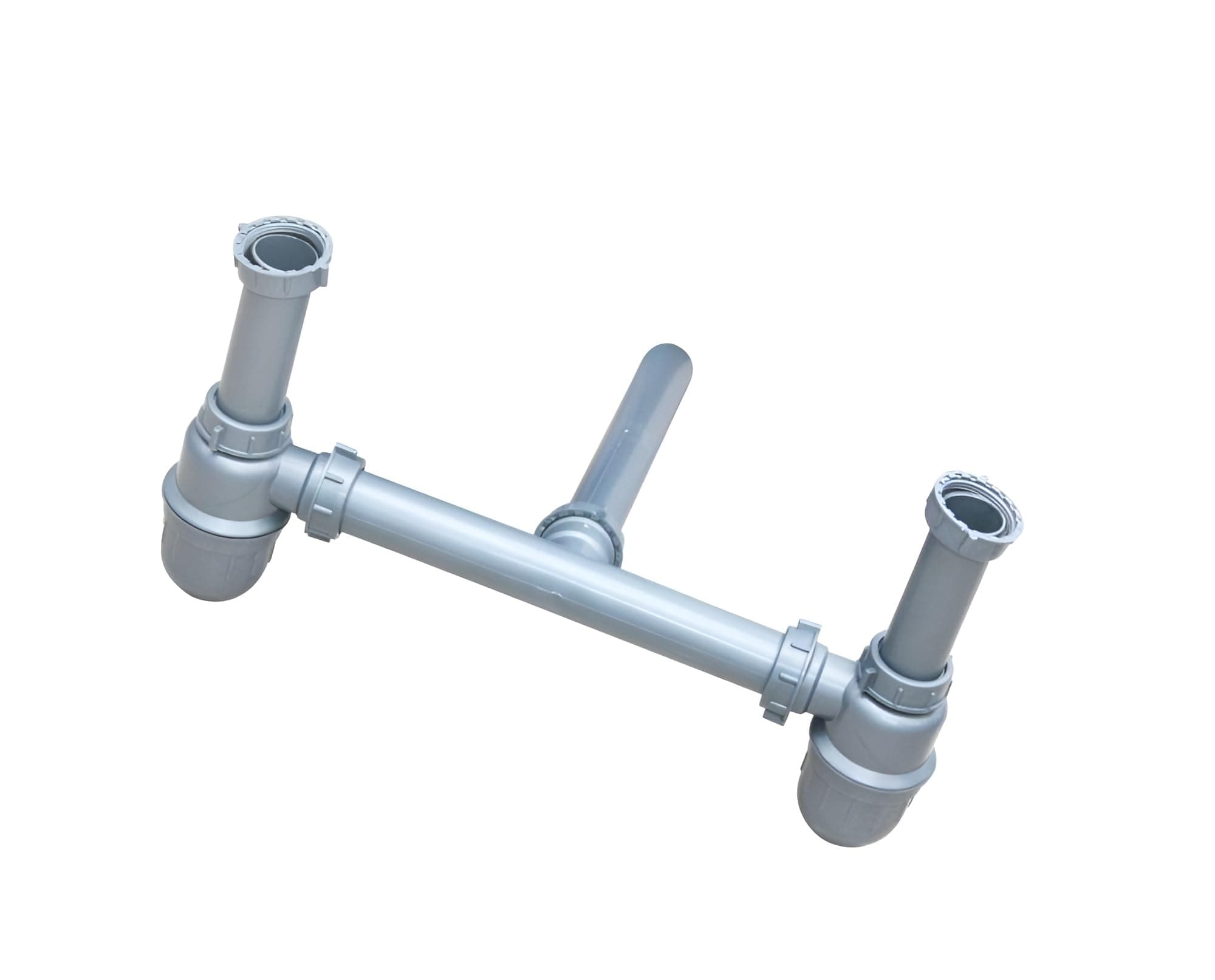NEW WARE Grey PVC 2-Way Bottle Trap Set Double Sinks Drain for Kitchen Sink Waste Pipe Drain Hose/Outlet Tube Connector for Basin Downcomer/Garbage Disposal, Double Drain System Waste Outlet Trap