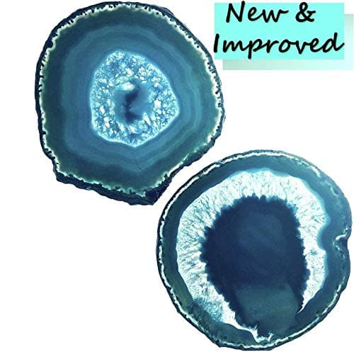 LARGE WHITE/BLUE AGATE COASTERS (4"-4.73", Set of 2, with Bumpers & Coating) | Geode Stone Slices with Natural Marble & Quartz Crystal Accent for Table Decor