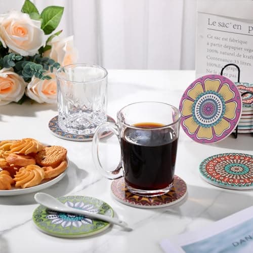 Hushee 12 Pcs Ceramic Drink Coasters with 1 Holder Holiday Cup Coasters with Cork Backing for Home Table Protection Wine Cups Coffee Bar Party Gifts(Mandala Style)