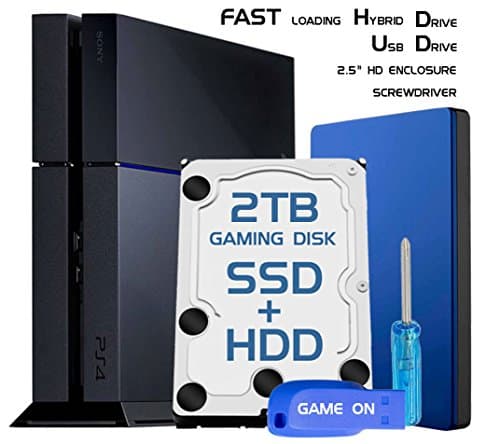 Skywin PS4 High Performance SSHD (SSD+HDD) 2TB Playstation 4 Hard Drive Upgrade kit for PS4 storage expansion w/ Guide, USB Flash Drive, Screwdriver, PS4 SSHD 2TB, and HD Enclosure