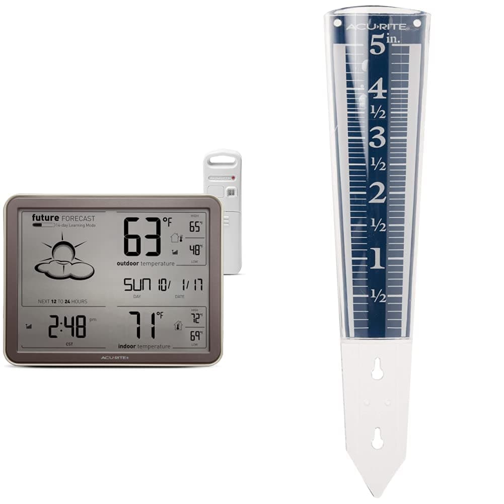 75077A3M Self-Learning Forecast Wireless Weather Station with Large Display and Atomic Clock, Black & 5" Capacity Easy-to-Read Magnifying Acrylic, Blue (00850A3) Rain Gauge