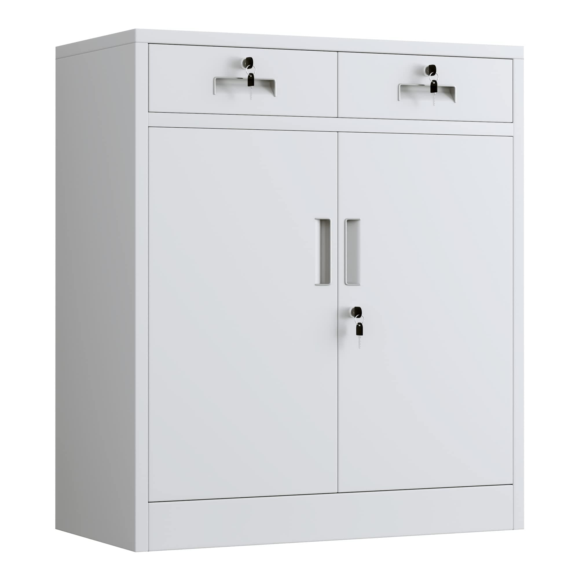 Metal Storage Cupboard with Locking Doors and 2 Drawers, Lockable Storage Cabinets with Adjustable Shelf for Home Office and Garage (White)