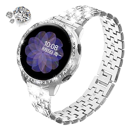 Bands Compatible with Samsung Galaxy Watch Active 2 40mm / Active 2 44mm, Shiny Diamond Stainless Steel Metal Strap with Rhinestone Protective Case Cover (Silver)