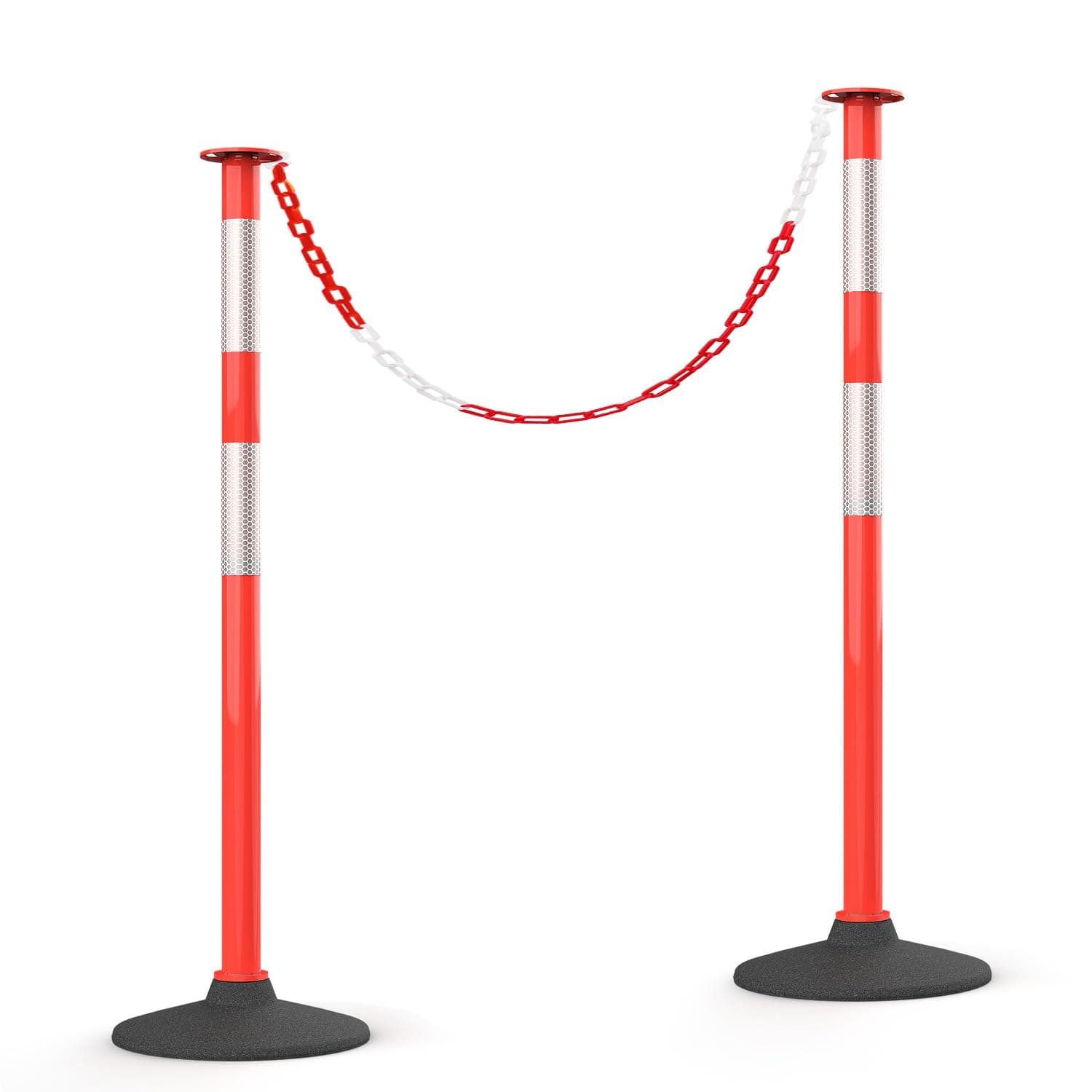 [2 Pack] 34inch Traffic Delineator Posts with Weighted Rubber Base, Portable Orange Safety Posts Cones with Reflective Collars and 5ft Plastic Chains for Parking Lot, Construction Work