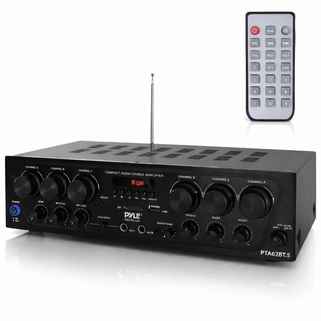 Pyle Wireless Bluetooth Home Audio Amplifier System-Upgraded 6 Channel 750 Watt Sound Power Stereo Receiver w/USB, Micro SD, Headphone,2 Microphone Input w/Echo, Talkover for PA - PTA62BT.5