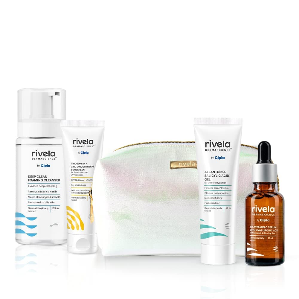 Rivela Dermascience Radiance Kit | Routine for Glowing Skin | Set of 4 with free pouch: Cleanser, Moisturizer, Vitamin C Serum, Sunscreen | Perfect Gifting Combo