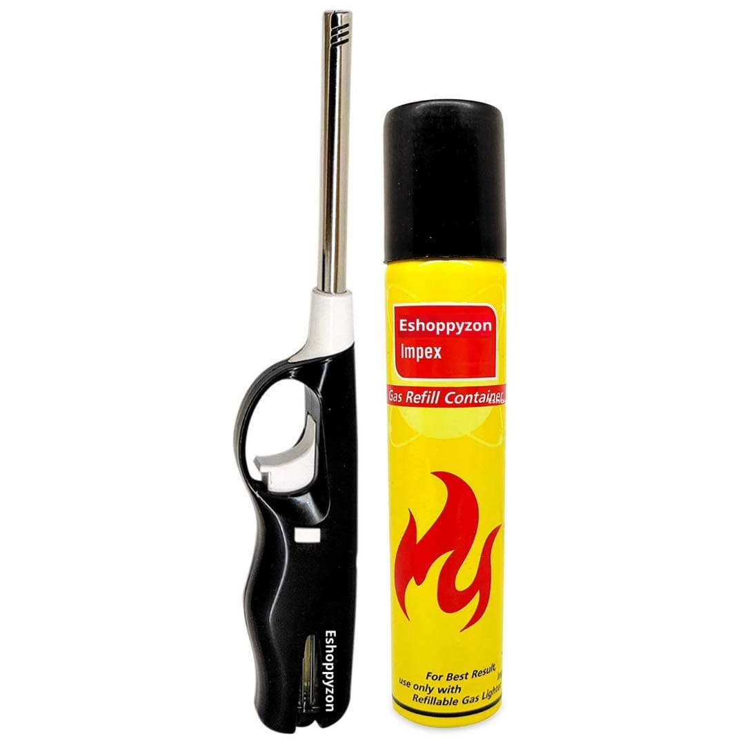 Refillable Adjustable Flame Kitchen Gas Stove Lighter with 100ml Refill Bottle (Black- Plastic)