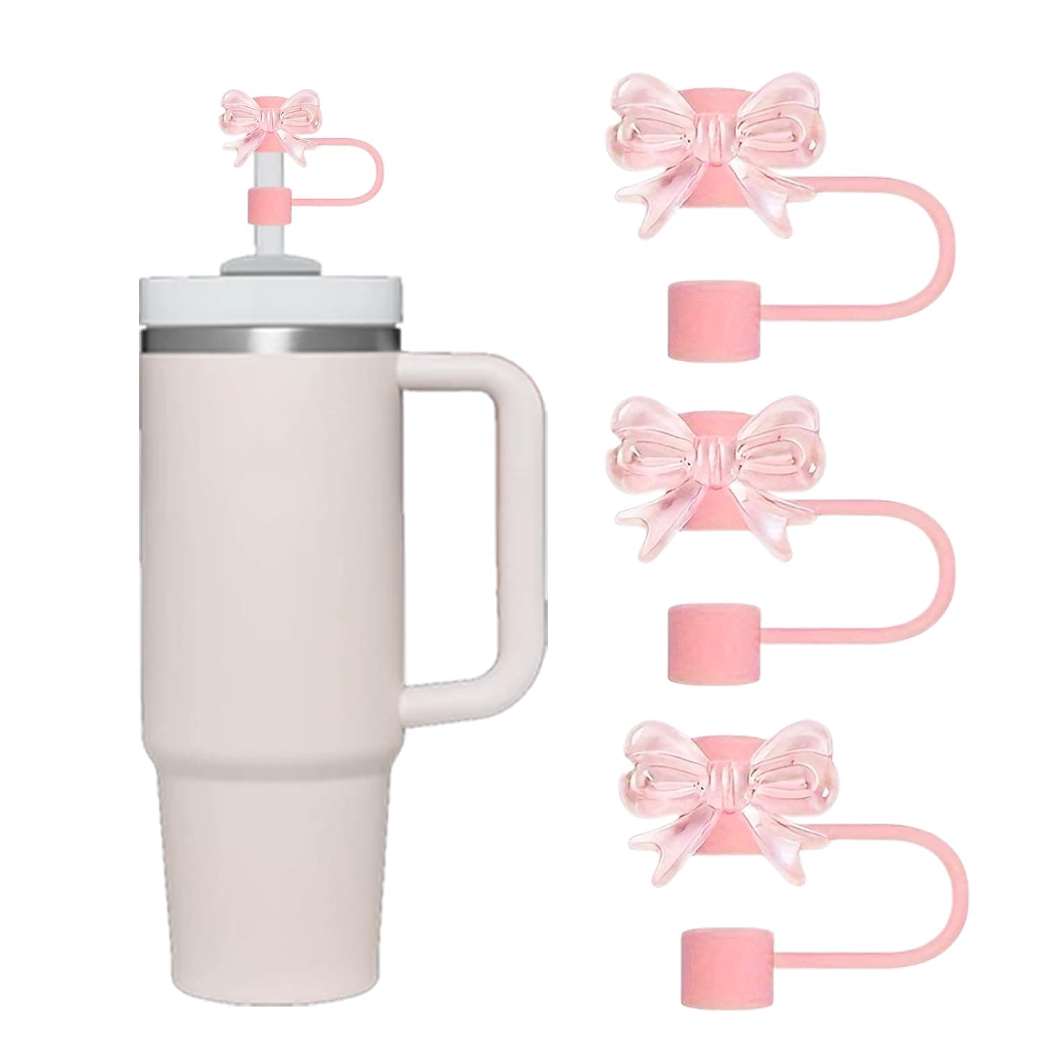 3 Pcs Bow Straw Topper Compatible with Stanley 30&40 oz Tumbler Cups, Reusable 10mm Straw Toppers for Stanley Cups Straw Accessories (Pink)