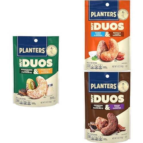 PLANTERS Nut Duos Bundle, Flavored Nuts, Snacks Variety Pack - Peppercorn Pistachios & Parmesan Cashews + Ranch Almonds & Buffalo Cashews + Cocoa and Espresso Hazelnuts