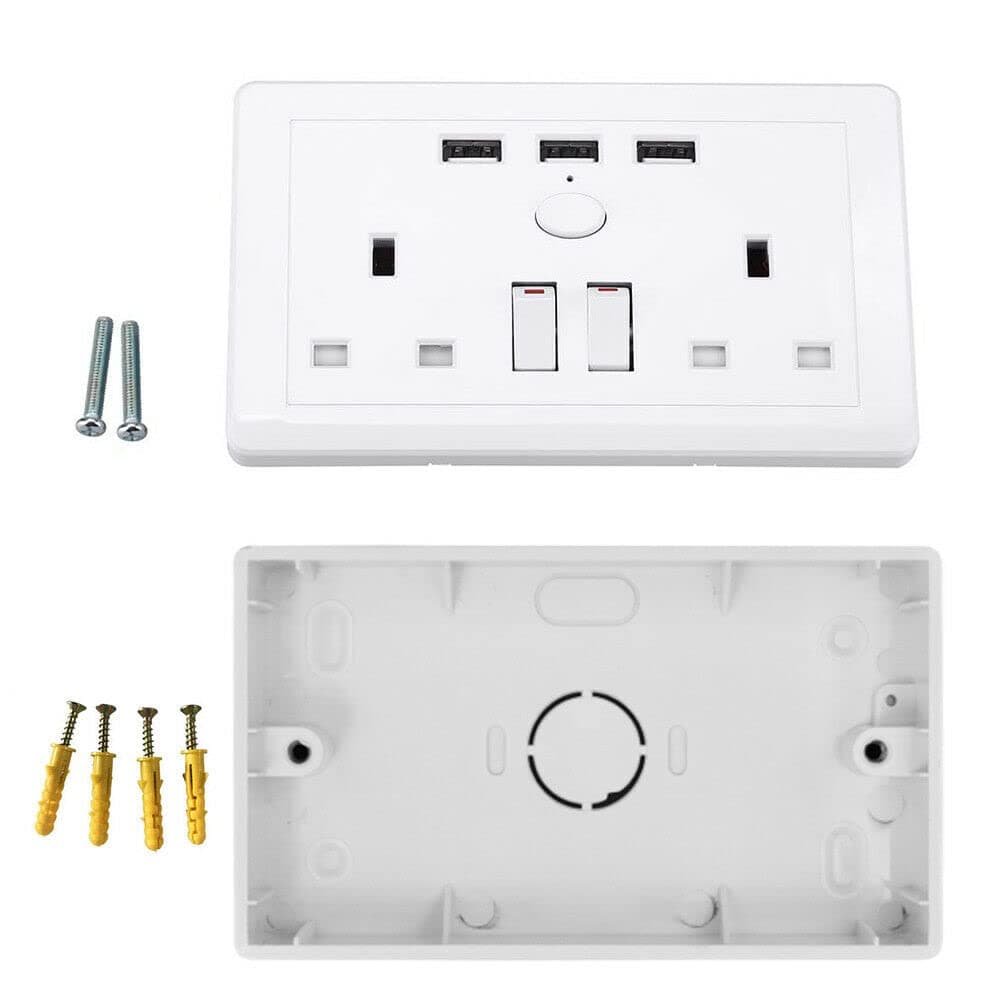 Double White Wall Faceplate 2 Gang Plug Socket 13A with 3 x USB Outlet Ports