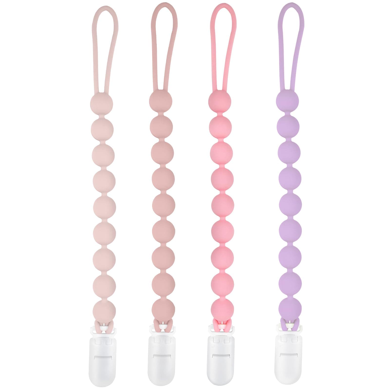 Silicone Pacifier Clip Holder, 4 Pack One Piece Soft Flexible Binky Clips Pacifier Holder Clip for Girls, Baby Girl Newborn Essentials