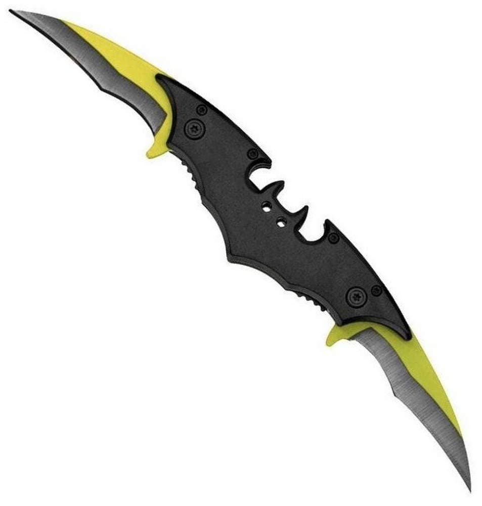 Batman Bat Folding Dual Twin Double Blade Spring Assisted 5 Colors Pocket Knife Tactical Belt Clip Black Yellow Silver Blue Red Knives (Black/Yellow)