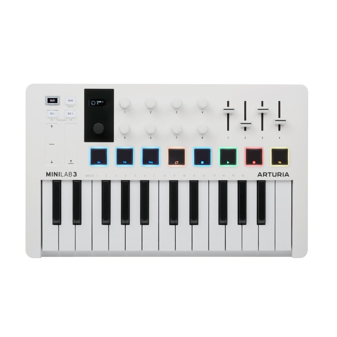MiniLab 3, 25 Slim-Key USB-C Midi Controller with 5-Year Warranty, 8 Backlit LED Pads, 8 Knobs, 4 Faders, Midi Out, Built-in Arpeggiator, Chord mode and Music Production Software Bundle