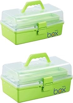 2PCS 12'' Three-Layer Clear Plastic Storage Box/Tool Box, Multipurpose Organizer and Portable Handled Storage Case for Art Craft and Cosmetic (Green)
