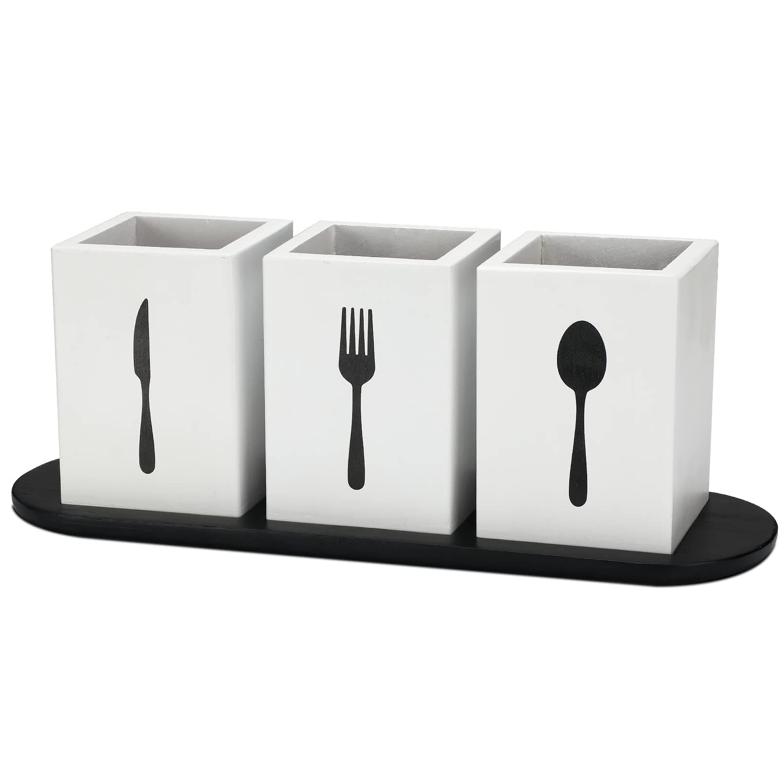 Kathfly 4 Pcs Silverware Caddy Utensil Holder for Countertop Silverware Organizer with Wood Tray Spoon Fork Holder for Kitchen Parties(White)