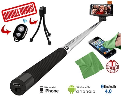Gear District Built-in Bluetooth Extendable Selfie Stick + FREE: Tripod + EXTRA Bluetooth Wireless Remote Shutter + Microfiber Cloth + Gift! For iOS, Android, iPhone 4, 5, 5c, 6 & 6 Plus, Samsung Galaxy Note 3, 4, S1 to S6 etc. Portrait Monopod, REAL Hassle Free!