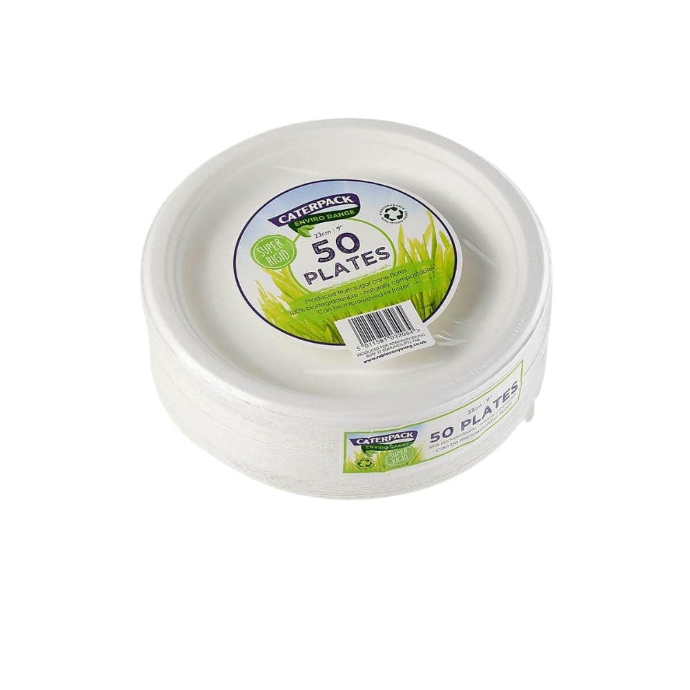 Caterpack Enviro Range Plates 23cm, 50 Pack Super Rigid 100% Biodegradable Plates, Naturally compostable, Eco-Friendly, Non Plastic Alternative, Microwave and Freezer Friendly, White